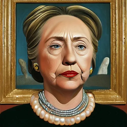 Image similar to very detailed, surrealist portrait of 4 0 - year - old hillary clinton, shiny and metallic, painted by kay sage