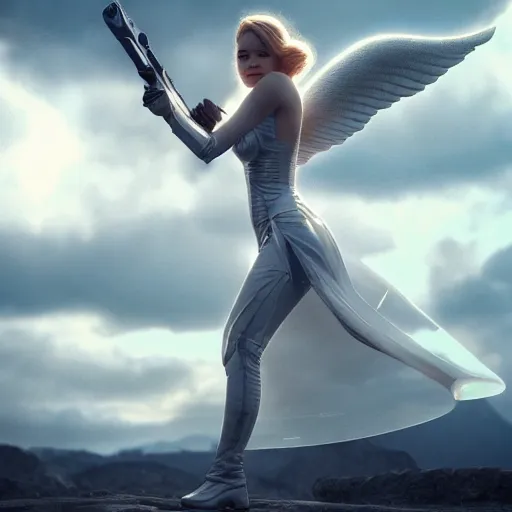 Prompt: beautiful full body shot, render of an female angel in a light transparent futuristic glass armour with a rifle, emma stone face, emilia clarke face, clouds, hyper realistic, hyper detailed, octane render, cloudpunk, johannes voss, dynamic lightning, sharp focus, flight, huge wings, wings made of glass, volumetric, realistic, 3d render, Realistic Render, Cinematic lighting, Volumetric lighting, atmospheric, cinematic, unreal engine, unreal engine render, octane render, HD, photorealism, hyper realistic, photo, 8K, trending on artstation, concept art