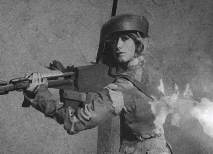 Prompt: a film still of kim kardashian as a soldier firing a rifle over a dirty trench with her bust lightly exposed. backround : warfield