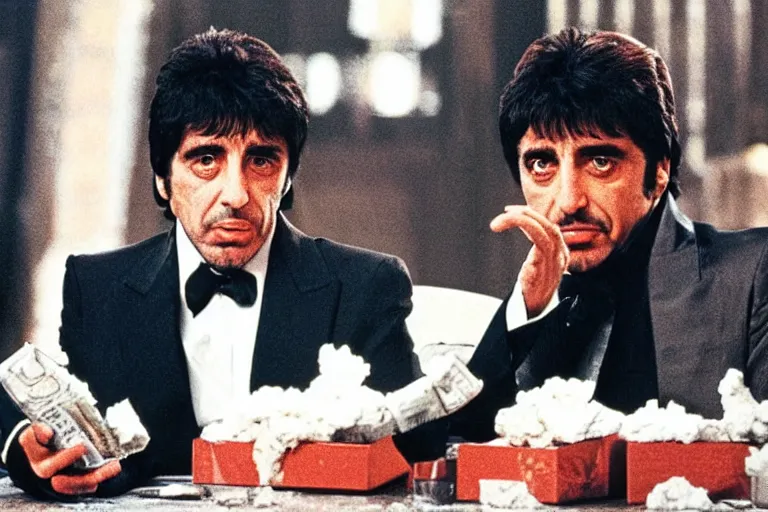 Prompt: tony montana from movie scarface 1 9 8 3 sitting at a table with packages of flour. next to the night window. al pacino. perfect symmetric face, coherent eyes, fine details, 8 k, ron cobb