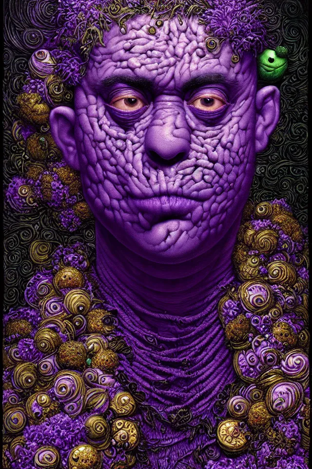 Image similar to bizarre purple blacklight detailed renaissance portrait of cookie monster as a highly detailed realistic real life person, dramatic cinematic lighting, 8 k, beautiful intricate painting by james r eads, giuseppe arcimboldo and tomasz alen kopera