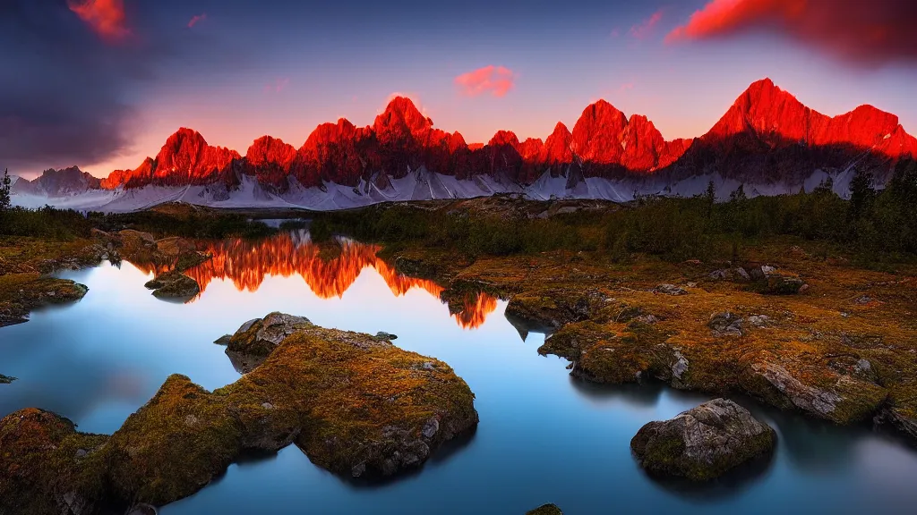 Image similar to amazing landscape photo of mountains with lake in sunset by marc adamus, beautiful dramatic lighting