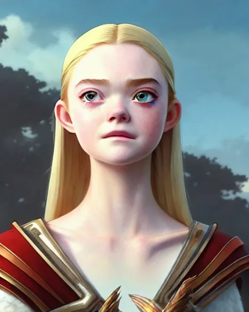 Image similar to elle fanning as an azctec warrior, detailed perfect face, exquisite details, fire magic, mid view, design on a white background, by studio muti, greg rutkowski makoto shinkai takashi takeuchi studio ghibli