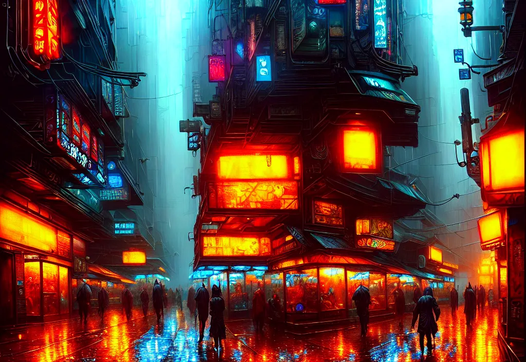 Prompt: a highly detailed rainy bazaar street in a cyberpunk megacity, amazing cyberpunk digital painting, by gerald brom, brom digital art, intricate details, ultra realistic, beautiful art, volumetric lighting, ultrarealistic, by art germ, by brom, trending cgsociety, artstation, bladerunner theme, by anato finnstark 8 k