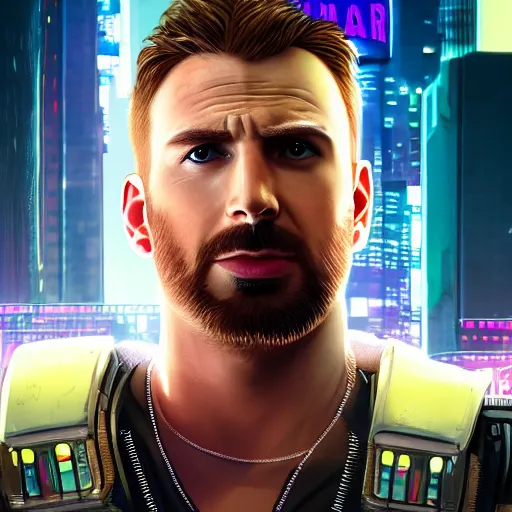 Image similar to chris evans portrait, cyberpunk 2 0 7 7, cyberpunk, photorealistic, ultra detailed, neon, octane, bokeh, cinematic lighting, cyber, cyberpunk city, studio quality, feature, scars, cyberface, 8 k