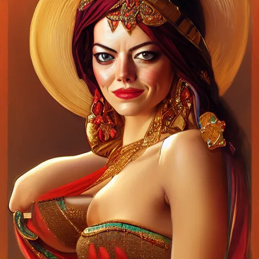 Image similar to a portrait of emma stone dressed as a belly dancer, arabian night, high quality, fully detailed, 4 k, in focus sharp face with fine details, realistic hand details and anatomy, inspired by belly dancer shakira on youtube, by artgerm and greg rutkowski and alphonse mucha, masterpiece, stunning, artstation