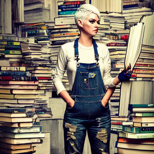 Image similar to full body pose, beautiful adult woman, short white hair shaved sides, dirty, grungy, grunge, long sleeve, painted overalls, stacks of giant books, highly detailed, 4 k, hdr, smooth, sharp focus, high resolution, award - winning photo, artgerm, photorealistic