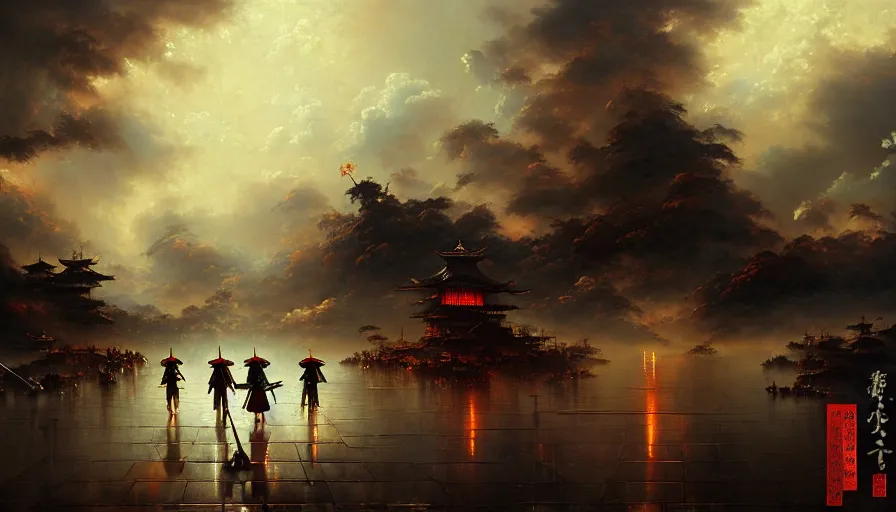 Image similar to baroque oil painting of key visual great samurai war, rain, storm, final fantasy, fake detail, trending pixiv fanbox, acrylic palette knife, style of makoto shinkai takashi takeuchi yoshiyuki sadamoto greg rutkowski chiho aoshima