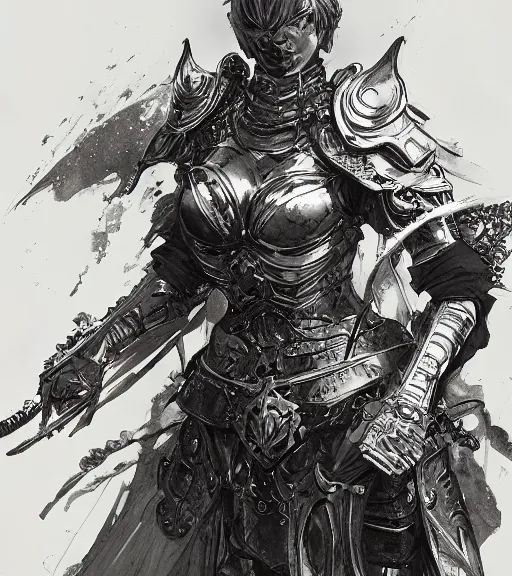 Image similar to anime woman in armor, pen and ink, intricate line drawings, by craig mullins, ruan jia, kentaro miura, greg rutkowski, loundraw