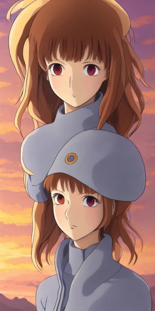 Image similar to anime art full body portrait character nausicaa concept art, anime key visual of elegant young female, brown hair and large eyes, finely detailed perfect face delicate features directed gaze, sunset in a valley, trending on pixiv fanbox, studio ghibli, extremely high quality artwork by hayao miyazaki by kushart krenz cute sparkling eyes