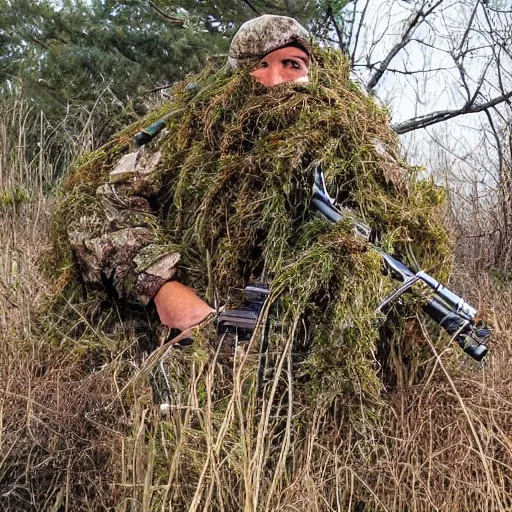 Prompt: a sniper in a ghillie suit in the bushes