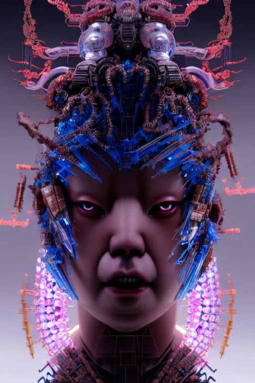 Image similar to asura from chinese myth, ghost, gorgeous and huge head ornaments, dystopian, cyberpunk, organic fractal mycelum and fungi, mecha, halfturn portrait of a big crystal face made of crystals half - turn, ominous, intricate, studio, art by anthony macbain + greg rutkowski + alphonse mucha, concept art, 4 k, sharp focus