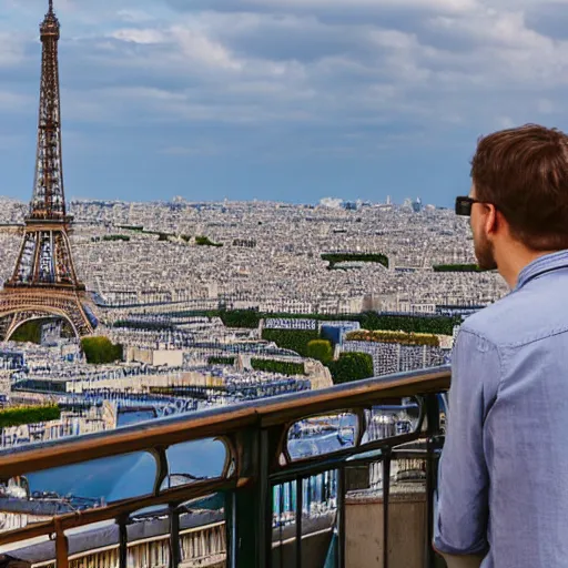 Image similar to Man on balcony looking over Paris with Eiffel Tower in background, 8k, detailed, full of colour, cinematic lighting, cinematic, masterpiece