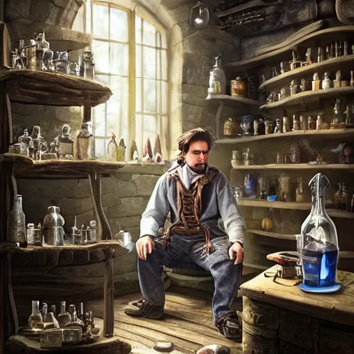 Image similar to An alchemist sitting in his workshop creating potions and formulas, style of Daniel Martin Diaz