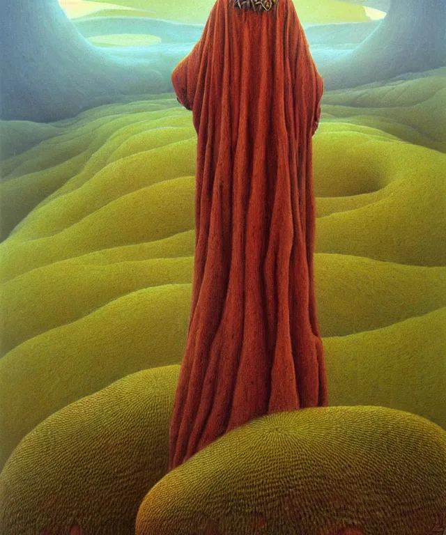 Prompt: A detailed funguswoman stands among the mushroom hills. Wearing a ripped mantle, robe. Perfect faces, extremely high details, realistic, fantasy art, solo, masterpiece, art by Pauline Baynes, Zdzisław Beksiński