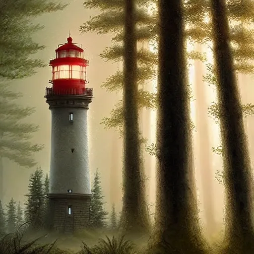 Image similar to a magical lighthouse in the middle of the woods, magical forest, by Jordan Grimmer and greg rutkowski, crisp lines and color,