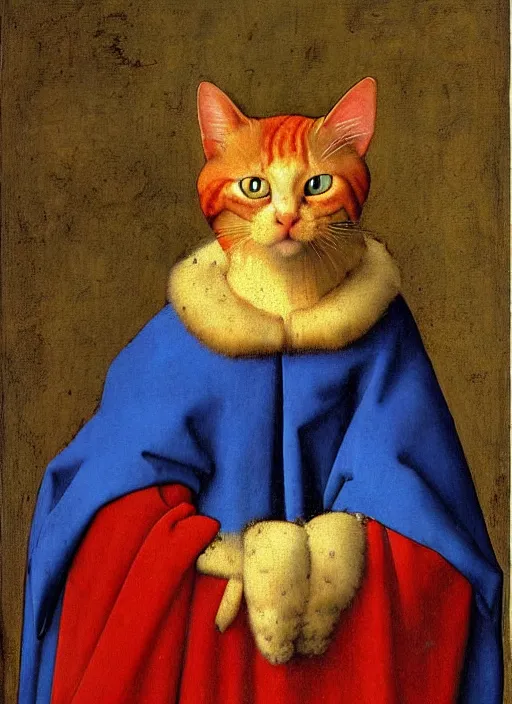 Prompt: red devil cat, Medieval painting by Jan van Eyck, Johannes Vermeer, Florence