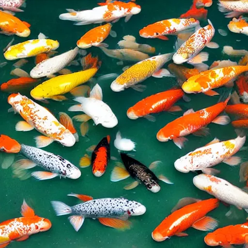 Prompt: dozens of the koi fish swimming in the huge pool of cosmos by the Ori Toor