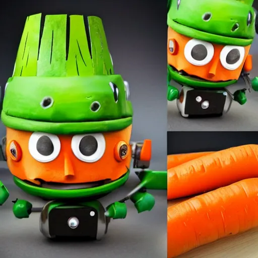 Image similar to little happy robot made of vegetables with big avocado hat and a carrot sword, made in abyss style