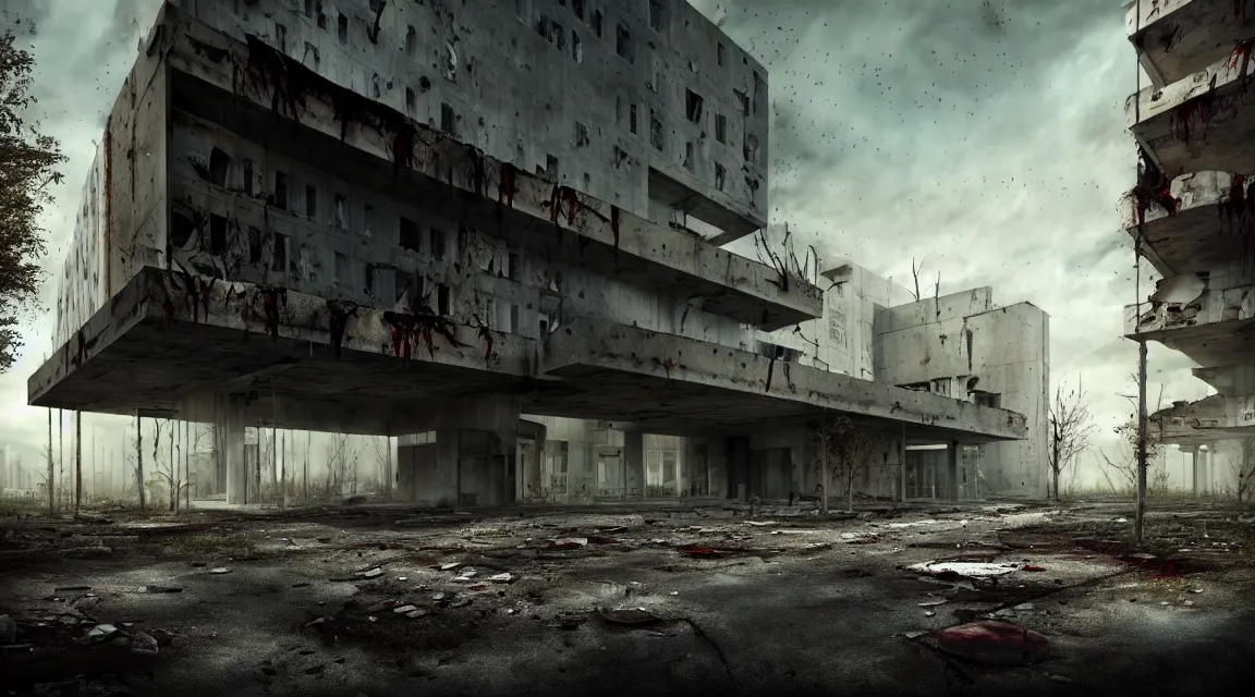 Image similar to post apocalyptic hospital building, morning, building, avenue, modern contemporary urban americana concrete architecture, by pascal blanche, neil blevins, apocalyptic color palette, trending on artstation, photorealistic, wilderness ambiance, ultra detailed, high definition, depth of field, bokeh, rubble, wild vegetation, blood stains, building crumbling, human silhouettes walking