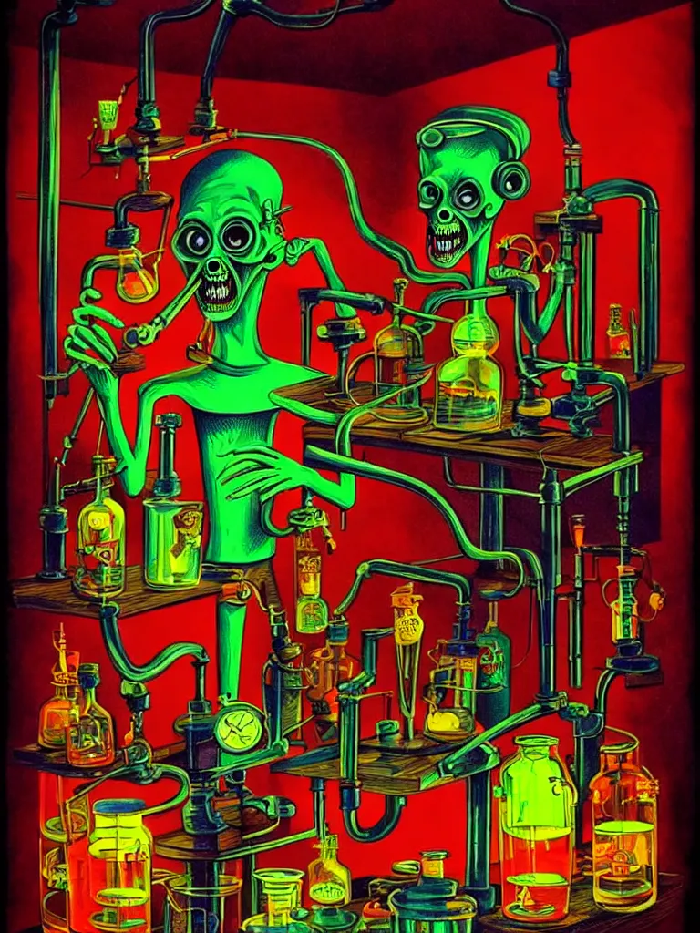 Prompt: Vibrant Colorful Vintage Horror Illustration of a Mad Scientist Experiment Poisonous Laboratory. Lowbrow Pop Surrealism. Spooky lighting