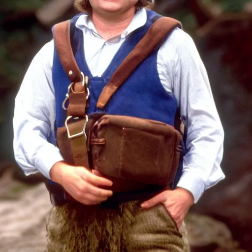 Image similar to close up of a frowning clean shaven pudgy British lad with short curly dark brown hair as a hobbit wearing a white men's crossbody sling chest bag and blue vest, blue vest!! white crossbody chestbag!! high resolution film still, movie by Peter Jackson