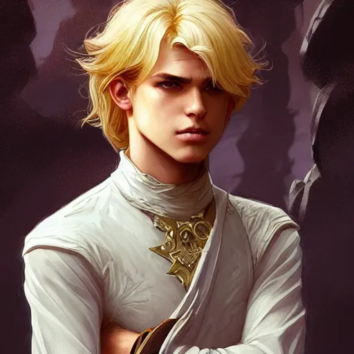 Image similar to an epic fantasy comic book style portrait painting of a young over confident blonde boy wearing plain thief clothes, d & d, fantasy, intricate, elegant, highly detailed, digital painting, artstation, concept art, matte, sharp focus, illustration, art by artgerm and greg rutkowski and alphonse mucha