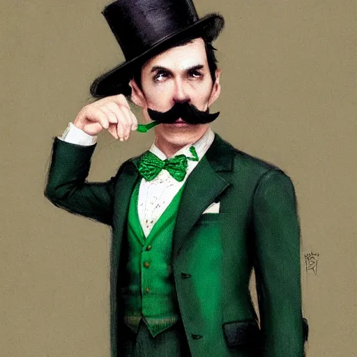 Prompt: hyper realistic, beautifully rendered, dapper fancy luigi wearing a green top hat, green suit and bowtie, smirking deviously, painted by greg rutkowski, wlop, artgerm, dishonored 2