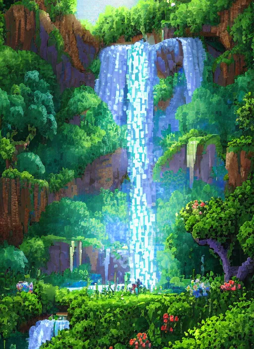 Prompt: view of a light meadow and waterfalls, beautiful detailed pixelart by albertov in the style of quest for glory iii, intricate details, beautiful, dithered, gradients, volumetric lighting, cgsociety, artstation, 2. 5 d, water speed 3