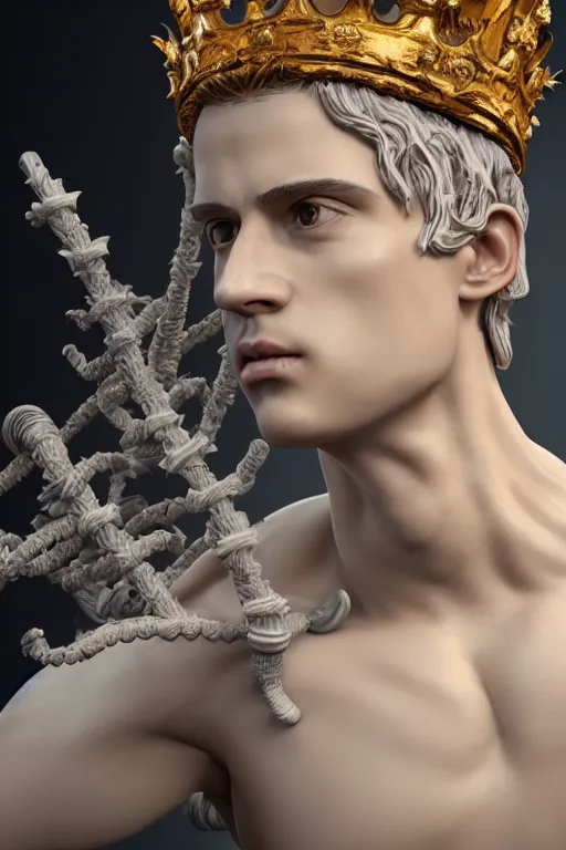 Prompt: a realistic porcelain baroque style sculpture of handsome young seductive Spanish prince with a spiky hair, wearing a crown made out of woven pipe cleaners, floating in outer space, photorealism, octane render, depth of field, 8k, 35mm, artgem, Trending on artstation