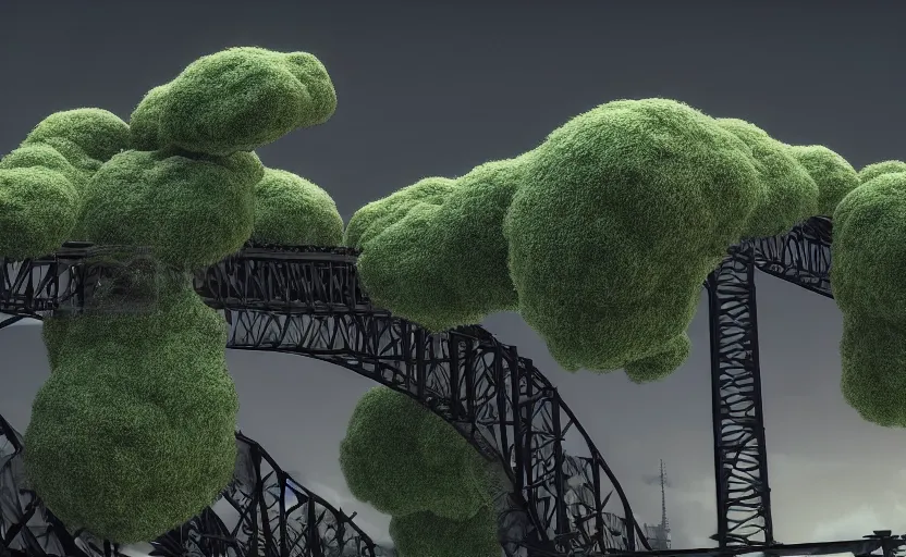 Image similar to explosions in the form of realistic cotton plants cover harbour bridge, huge cotton plants everywhere, smooth, sharp focus, highly detailed, 3 d octane render, epic lighting, dark atmosphere, lots of cotton plants, 8 k, by goro fujita