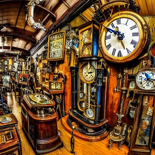 interior of a cluttered steampunk clock shop, father