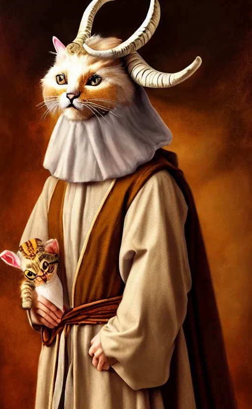 Prompt: a bipedal cat that has goat horns, anthropomorphic cat that is wearing robes, oil painting, by leonardo da vinci, dnd, character reveal, cosmic, magical, fog, noble, full body portrait, extremely detailed, cult, ritual, 4 k, 8 k