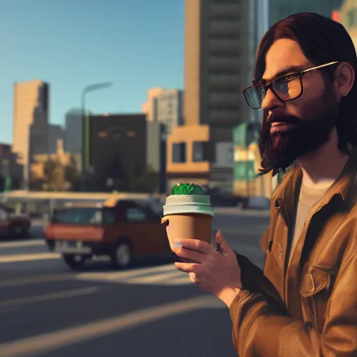 Prompt: hipster jesus ordering starbucks coffee, gta artstyle, wide shot, dramatic lighting, octane render, hyperrealistic, high quality, highly detailed, HD, cinematic