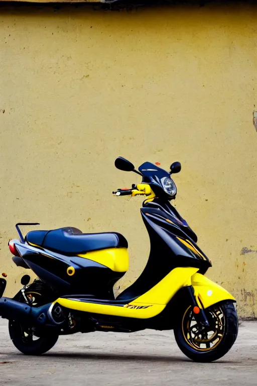 Prompt: photo of suzuki hayate ss with black and yellow paintjob, vietnam traffic background, golden hour, 5 6 0 ccm, race style, custom scooter, dslr, 8 5 mm, f / 1. 3