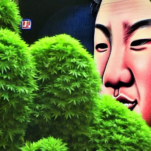 Image similar to araki nobuyoshi style close - up photography of realistic detailed north korean kim chen with detailed face smelling detailed weed bush