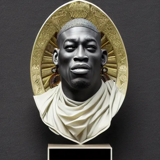 Prompt: beautiful lifelike award winning marble statue bust of dennis rodman trending on art station artgerm greg rutkowski alphonse mucha museum quality cinematic atmospheric