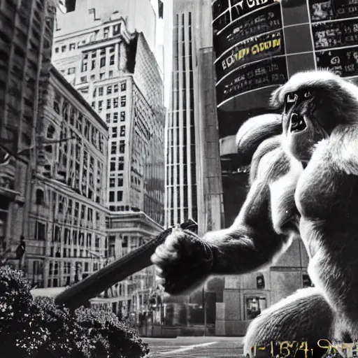 Prompt: queen kong fights wall street hedge funds. 4 k photograph