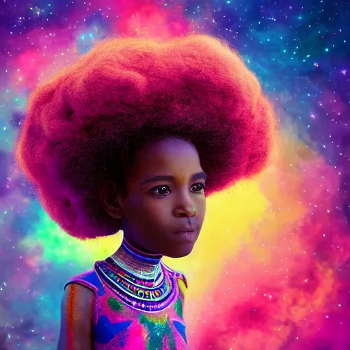 Image similar to a cute little african egyptian princess with a colorful afro sitting on a nebula cloud throne, bright colors, synthwave, watercolor, volumetric wool felting, felt, macro photography, children illustration, global illumination, radiant light, detailed and intricate environment, by goro fujita