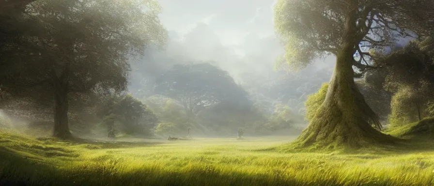 Image similar to Shire in the morning, detailed matte painting, cinematic, Alan Lee, Artstation