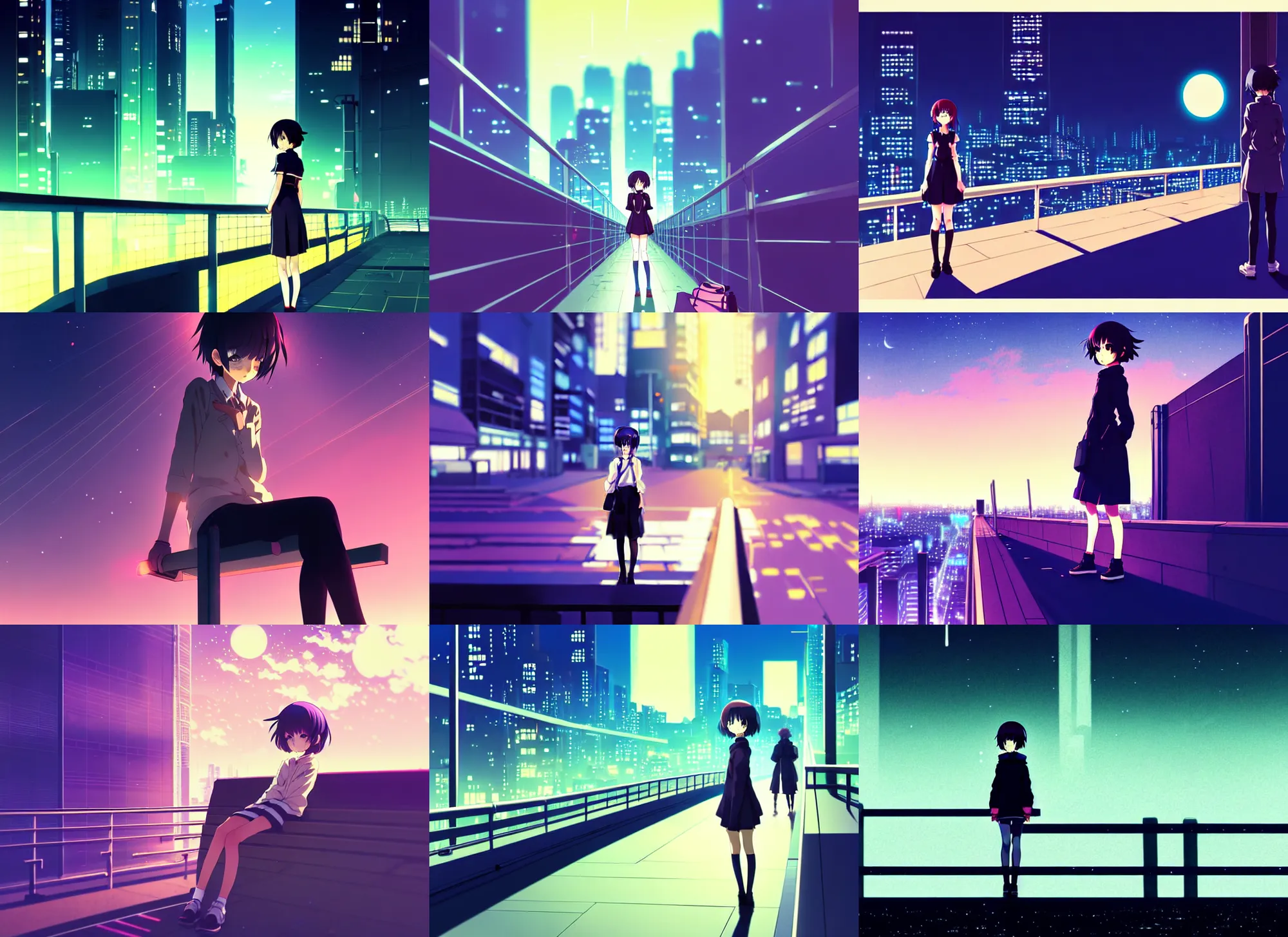 Prompt: anime visual, portrait of a young female traveler sight seeing above the city exterior at night, bench, guardrails, very low light, cute face by ilya kuvshinov and yoh yoshinari, psycho pass, kyoani, dynamic pose, dynamic perspective, strong silhouette, anime cels, rounded eyes, strong contrasting shadows