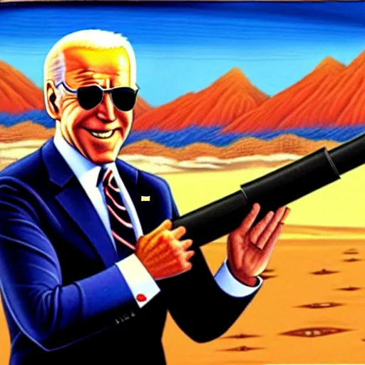 Prompt: Joe Biden holding a rocket launcher in the desert, North Korean propaganda style oil painting, wearing sunglasses, epic