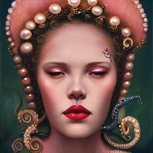 Image similar to queen of octopus with pearls embedded, portrait, pink and gold, nouveau, beautiful, by Anato Finnstark, Tom Bagshaw, Brom