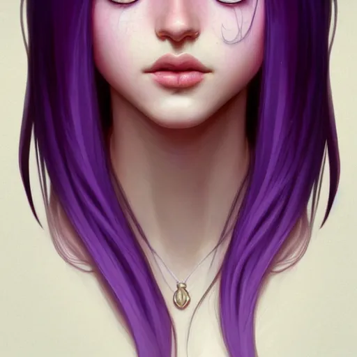 Image similar to portrait of a young girl, nose ring, upper body, purple hair, long hair, joyful smirk, intricate, elegant, highly detailed, digital painting, artstation, concept art, matte, sharp focus, illustration, art by artgerm and greg rutkowski and alphonse mucha