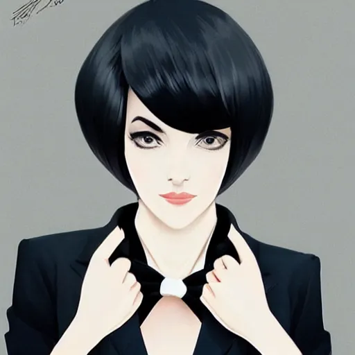 Image similar to beautiful slim scornful business girl in tuxedo with black short hair, elegant, 2d, ultra highly detailed, digital painting, smooth, sharp focus, artstation, trending on artstation, art by Ilya Kuvshinov