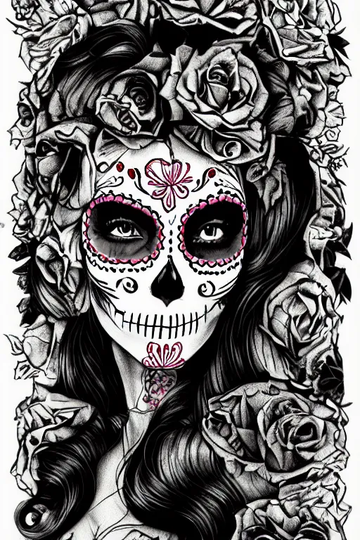 Prompt: illustration of a sugar skull day of the dead girl, art by jerry collins