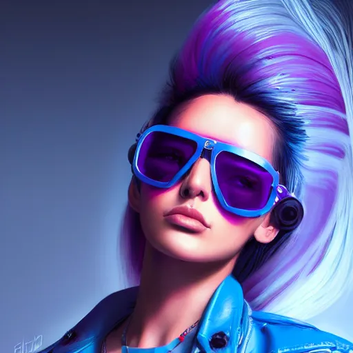 Prompt: closeup painting of a very beautiful young mexican cyberpunk woman with a smirk, wearing light blue shutter shades and a purple coloured leather jacket, one side haircut, long brown hair with light blue ends, portrait, hyperdetailed, artstation, cgsociety, 8 k, synthwave!!! image
