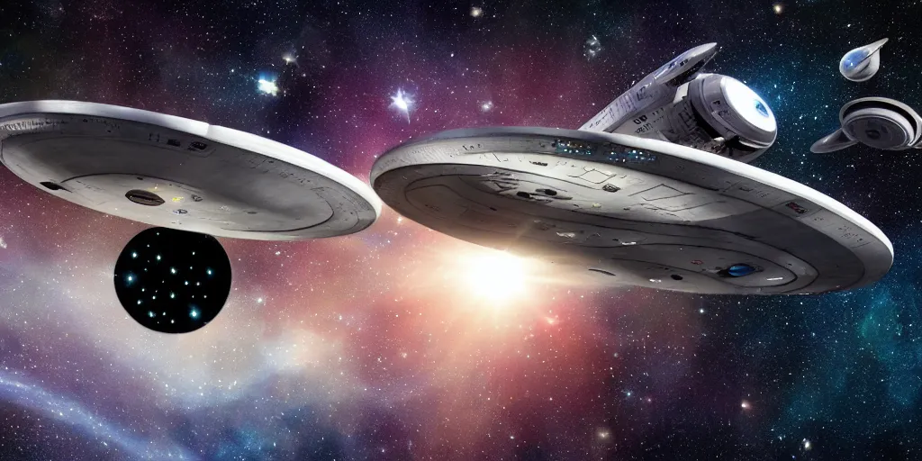 Prompt: star trek`s enterprise spaceshipe flying in a starry outer space