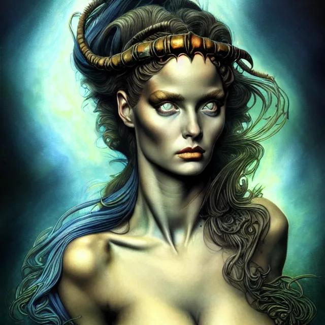 Prompt: portrait, attractive mutant nereid, digital tempera and pastels, dramatic lighting, extremely high detail, pen and ink, intricate illustration, by stephen bradbury, frank frazetta, wendy froud, john picacio, artstation, wlop, pixiv