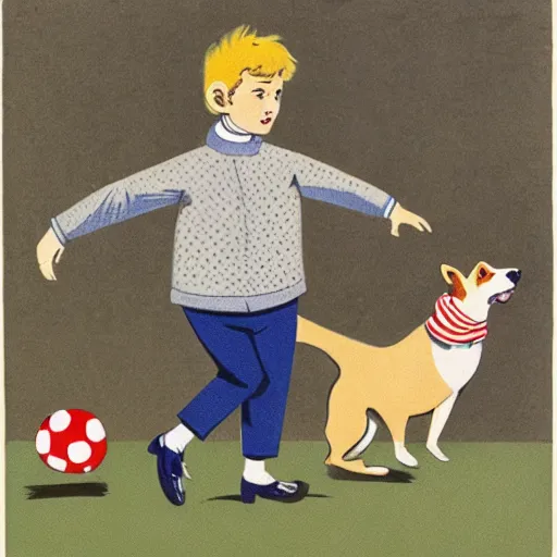 Image similar to book illustration of a french boy on the streets of paris playing football against a corgi, the dog is wearing a polka dot scarf, 1 9 6 6